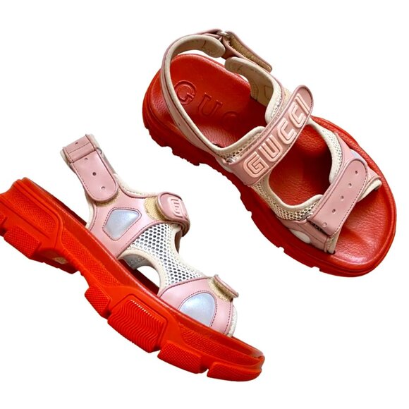 Gucci 6.5 Pink Orange Leather and Mesh Aguru Sandals Chunky Lug Sole Size 36.5 - Picture 1 of 8